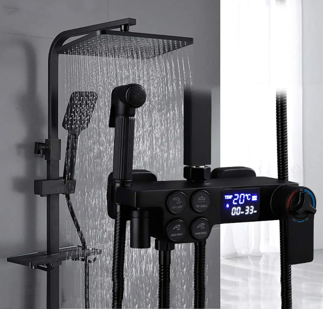 

Набор для душа медный черный, термостатический 4-скоростной ручной душ с двухрядной кнопкой и цифровым дисплеем