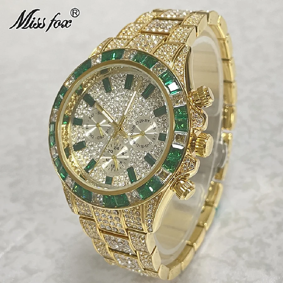 Luxury Brand MISSFOX Green Iced Out Fashion Watches Men HipHop Gold Waterproof Wristwatch Full Diamond Male Jewelry Clocks Reloj
Luxury Brand MISSFOX Green Iced Out Fashion Watches Men HipHop Gold Waterproof Wristwatch Full Diamond Male Jewelry Clocks Reloj