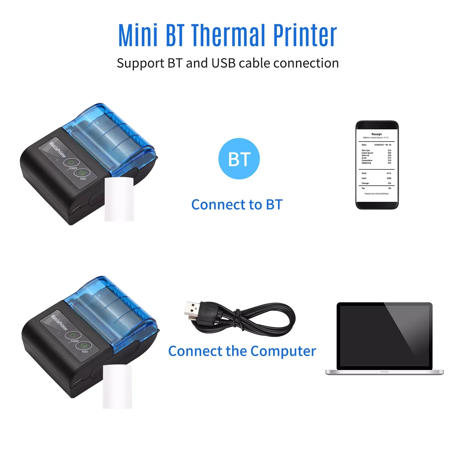Mini Thermal Printer 2 inch Wireless USB Receipt Bill Ticket Printer with 58mm Paper Compatible iOS Android Windows for Retail
Mini Thermal Printer 2 inch Wireless USB Receipt Bill Ticket Printer with 58mm Paper Compatible iOS Android Windows for Retail
