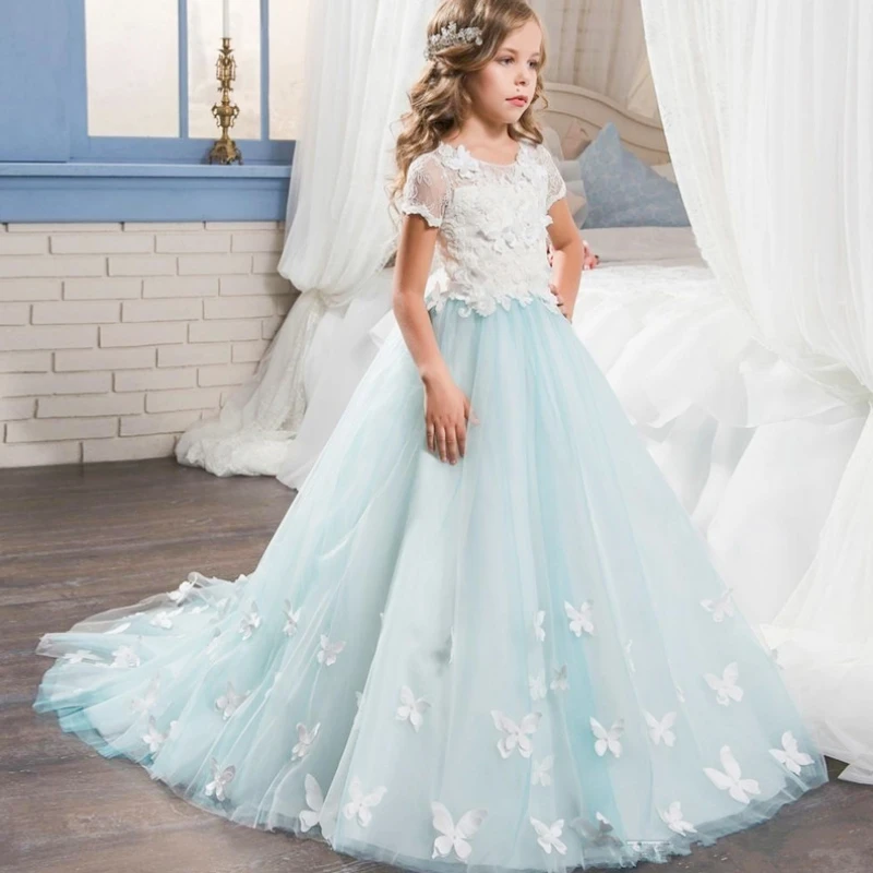 Formal Light Blue Flower Girl Dress Short Sleeves With Cute Butterfly Sweep Pageant Party First Communion Gowns
Formal Light Blue Flower Girl Dress Short Sleeves With Cute Butterfly Sweep Pageant Party First Communion Gowns