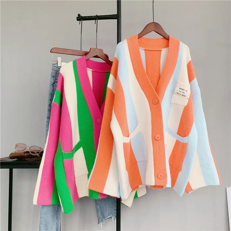 Autumn Color Contrast Vertical Stripe Sweater Coat for Women's New Korean Version Loose and Lazy Knitted Cardigan for Women
Autumn Color Contrast Vertical Stripe Sweater Coat for Women's New Korean Version Loose and Lazy Knitted Cardigan for Women