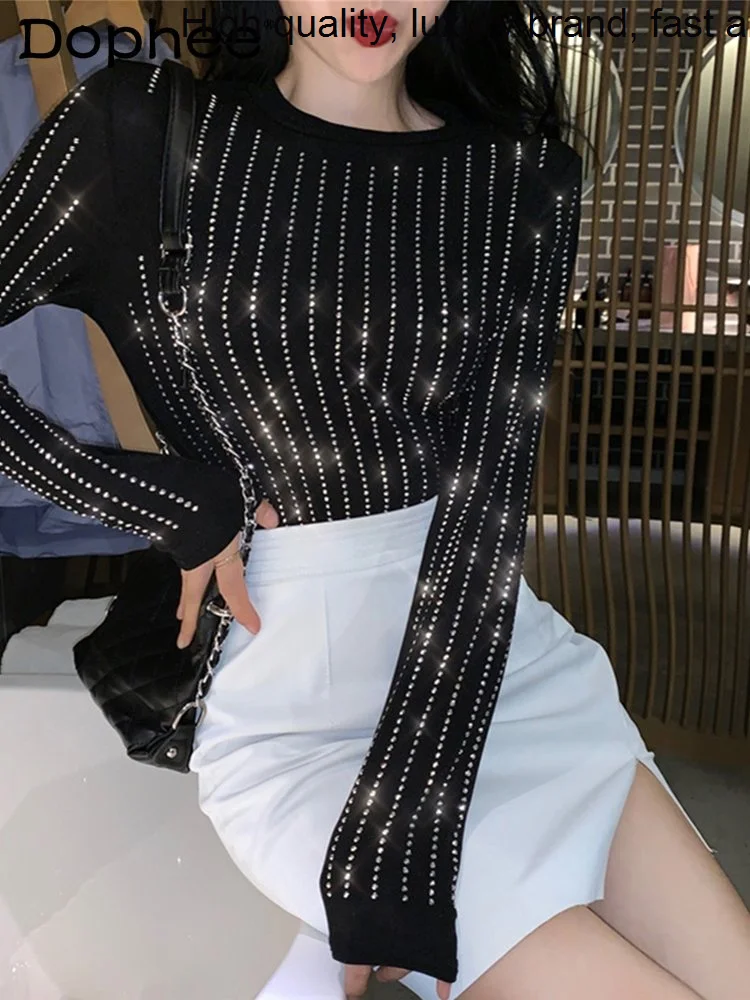 Bling Heavy Rhinestone Black T-shirt Top Women Autumn Winter Clothes Korean Slim Fit Round Neck Long Sleeve Oversized T Shirt
Bling Heavy Rhinestone Black T-shirt Top Women Autumn Winter Clothes Korean Slim Fit Round Neck Long Sleeve Oversized T Shirt