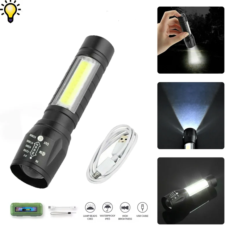 

LED 4 Modes USB Rechargeable T6 Flashlight COB High Brightness Energy Efficiency Emergency Light Cycling Hiking Camping Lamp