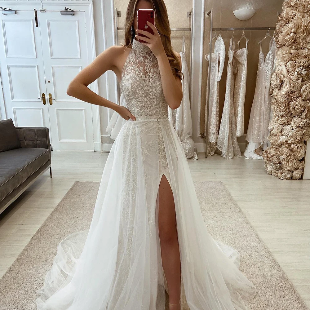 Modern Wedding Dresses For Women Halter Sleeveless Zipper Backless Bride Gown Side Split Sweep Train A-Line Vestido De Noiva
Modern Wedding Dresses For Women Halter Sleeveless Zipper Backless Bride Gown Side Split Sweep Train A-Line Vestido De Noiva