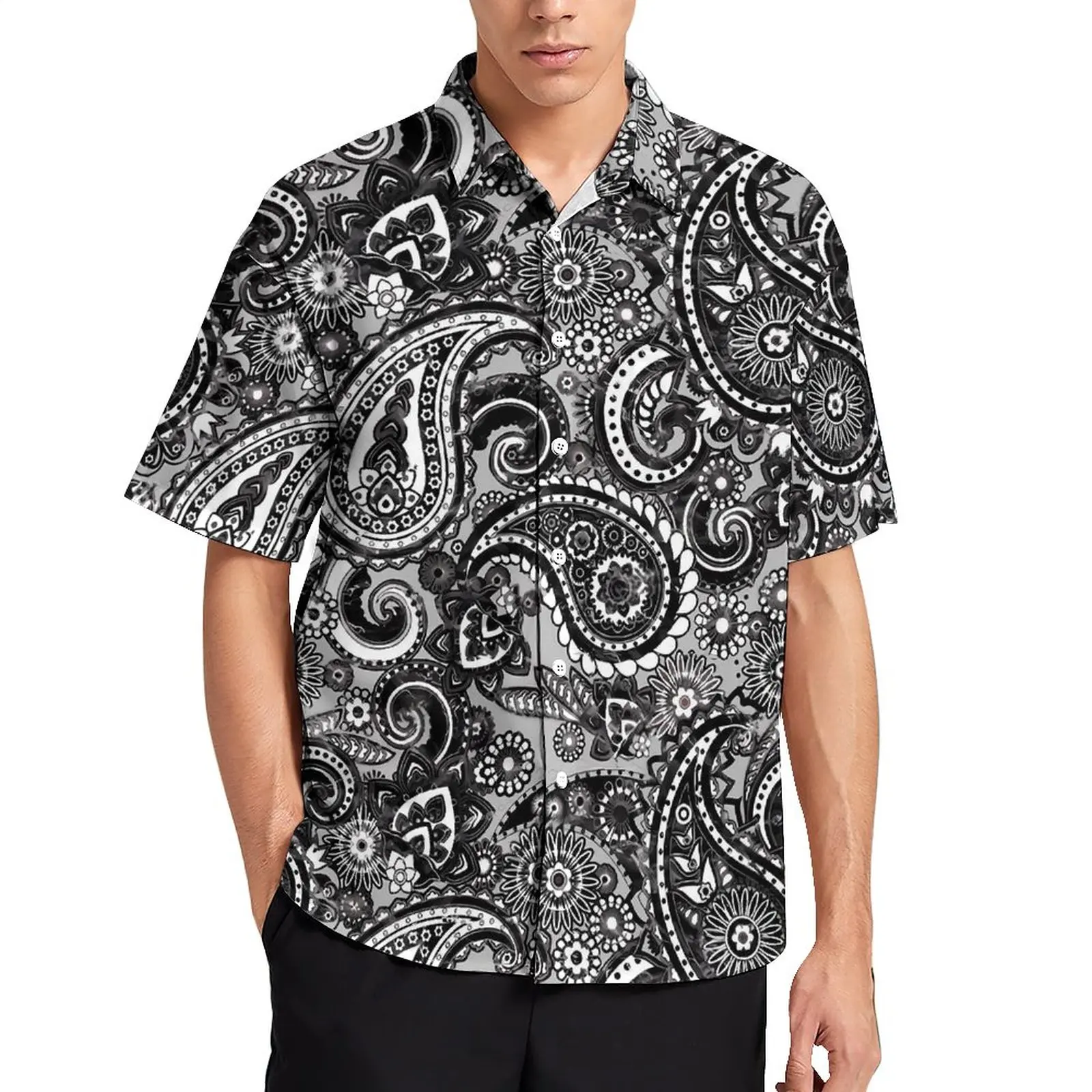 

Paisley Game Day Vacation Shirt Grey and Black Hawaii Casual Shirts Men Fashion Blouses Short Sleeves Custom Clothing Plus Size