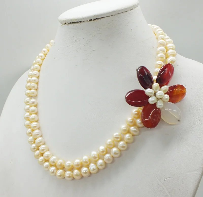 Ожерелье из натурального розового жемчуга с 2 линиями 2019-5-15-1218 #8-9 мм