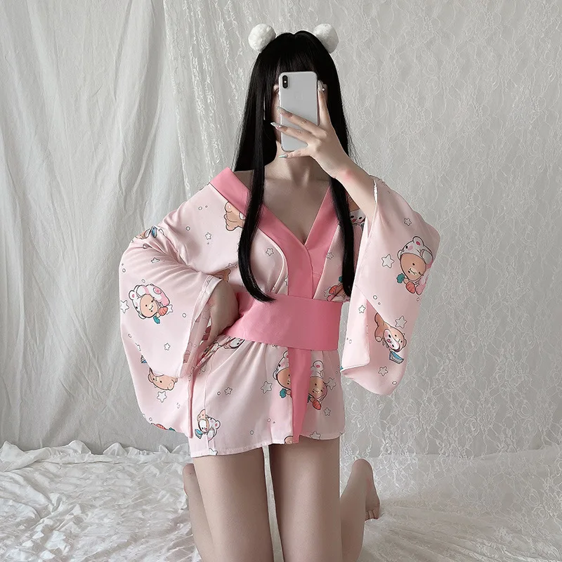 

Пикантное нижнее белье, японское кимоно, женское пикантное нижнее белье, халат, милый Свободный кардиган с глубоким V-образным вырезом и при...
