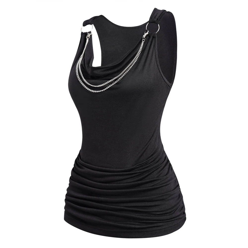 

Cowl Neck Soft Tank Top For Female Draped Ruched Chain Embellishment Casual Vest Sleeveless Pure Color Tops For Summer