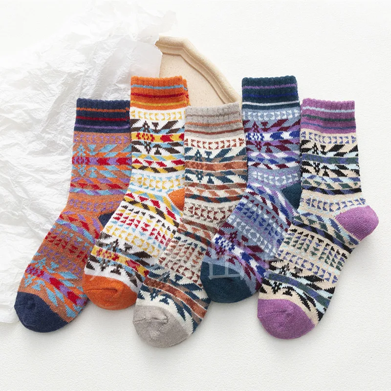 5 Pairs Winter Warmer Women Thicken Thermal Wool Cashmere Snow Socks Fashion Casual Euramerican National Wool Socks for Women
5 Pairs Winter Warmer Women Thicken Thermal Wool Cashmere Snow Socks Fashion Casual Euramerican National Wool Socks for Women