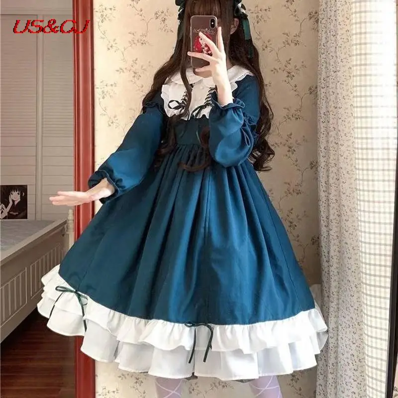 Japanese Harajuku Long Sleeves Doll Dress Fairy Vestidos Alice In Wondeland Cute Women Lolita OP Dress Flouncing Lace Trim 
Japanese Harajuku Long Sleeves Doll Dress Fairy Vestidos Alice In Wondeland Cute Women Lolita OP Dress Flouncing Lace Trim