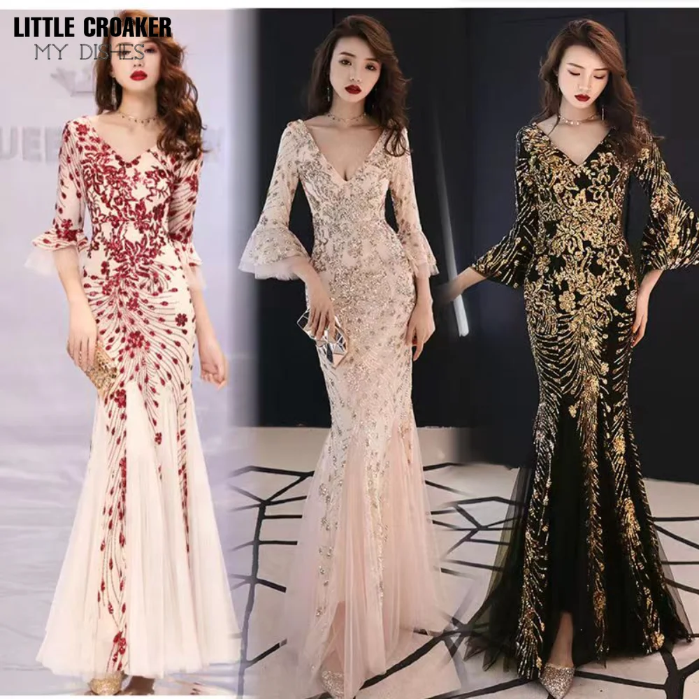 

Bell Sleeve Maxi Dress Sparkles Stretch V Neck Formal Evening Night Party Gown Black Red Champagne Sequined Mermaid Prom Dress