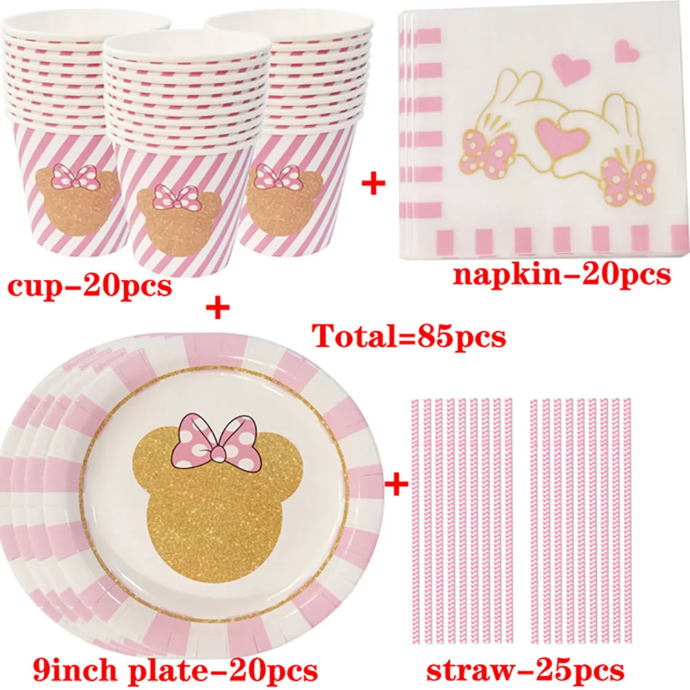 

Disney Pink Minnie Mickey Mouse 1st Birthday Party Supplies Cup Plate Kids Girl Party decoration Disposable Tableware Set