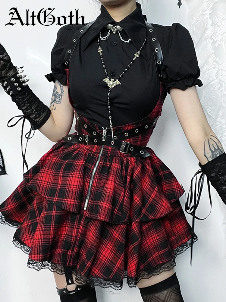 

AltGoth Harajuku Punk Red Plaid Skirt Women Dark Goth Streetwear Y2k Lace Patchwork Eyelet Bandage High Waist Jk Skirt Clubwear