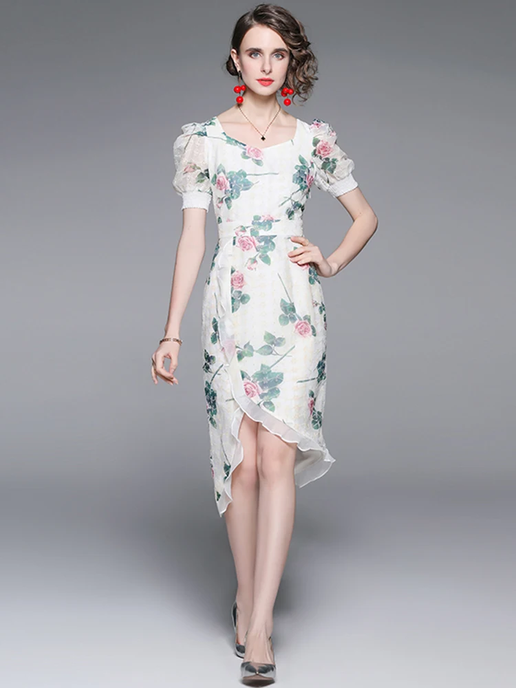 

Banulin 2022 Summer Fashion Runway Suqare Collar Puff Sleeve Hollow Out Emboridery Flower Ruffles Irregular Bodycon Dress N8683