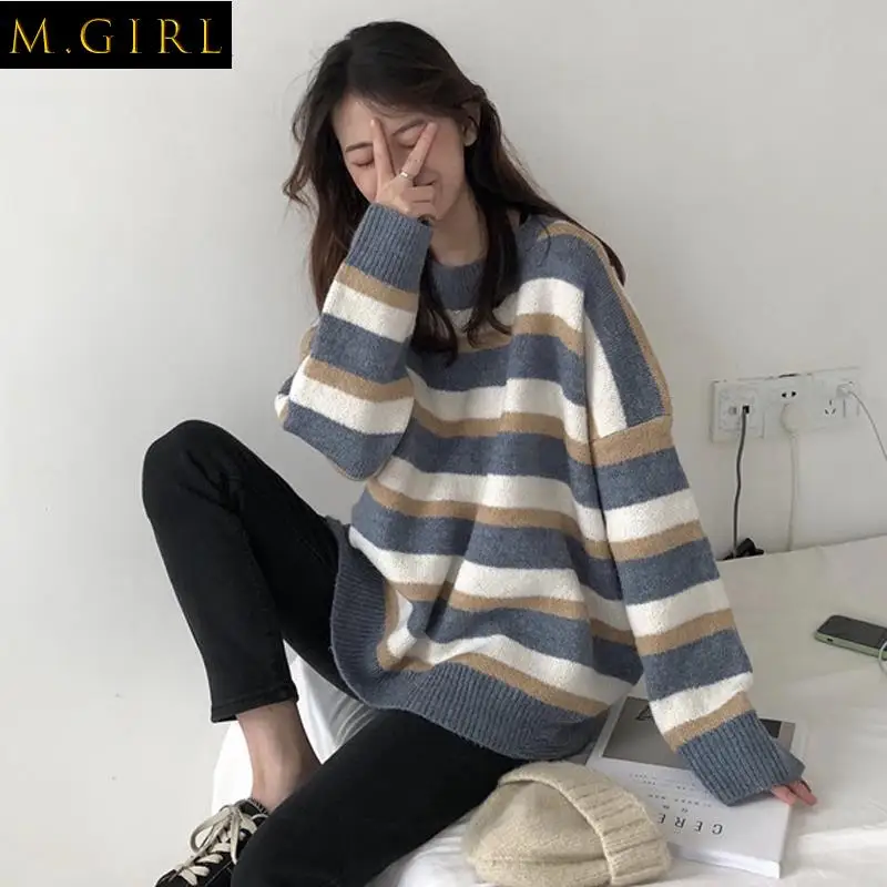 Pullovers Women Long Sleeve Loose Striped Retro Sweater O-neck Spring Autumn Popular Vintage Students Clothing Casual All-match
Pullovers Women Long Sleeve Loose Striped Retro Sweater O-neck Spring Autumn Popular Vintage Students Clothing Casual All-match