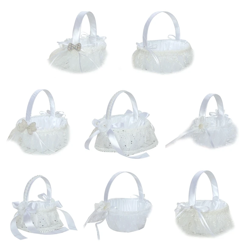 Flower Basket for Wedding Small White Satin Baskets with Lace Flowers Decor 37JB 
Flower Basket for Wedding Small White Satin Baskets with Lace Flowers Decor 37JB