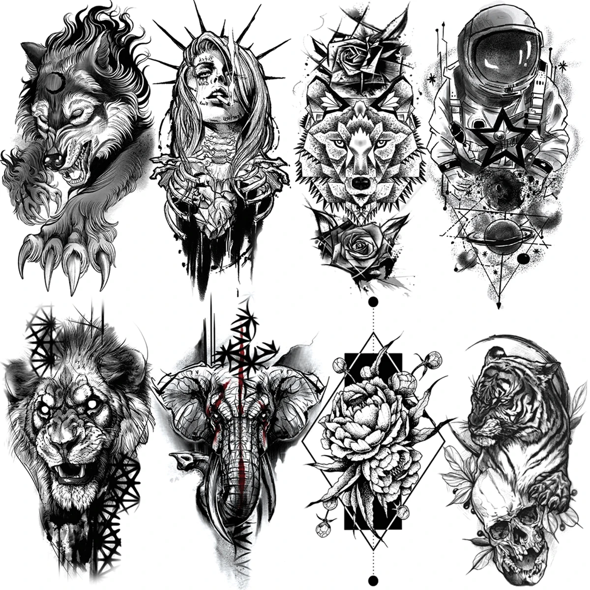 Black Lion Tiger Wolf Temporary Tattoos For Women Men Rose Flower Astronaut Skull Frame Fake Tattoo Body Art Half Sleeve Tatoos
Black Lion Tiger Wolf Temporary Tattoos For Women Men Rose Flower Astronaut Skull Frame Fake Tattoo Body Art Half Sleeve Tatoos