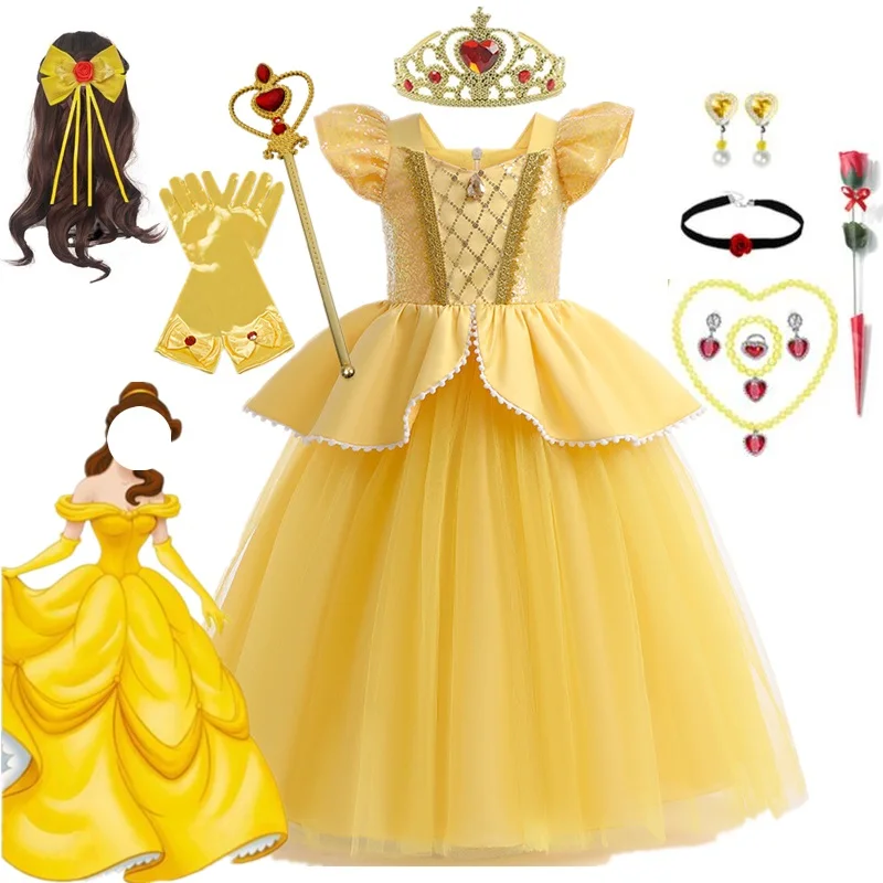 

Платье принцессы Belle для девочек, костюм на Хэллоуин для детей, карнавал, день рождения, женское платье, косплей костюм красавицы и чудовища