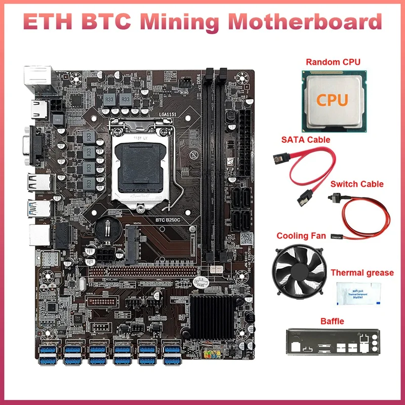 12 Card B250C BTC Mining Motherboard+CPU+Fan+Thermal Grease+Switch Line+SATA Cable+Bezel 12USB3.0 GPU LGA1151 DDR4 MSATA
12 Card B250C BTC Mining Motherboard+CPU+Fan+Thermal Grease+Switch Line+SATA Cable+Bezel 12USB3.0 GPU LGA1151 DDR4 MSATA