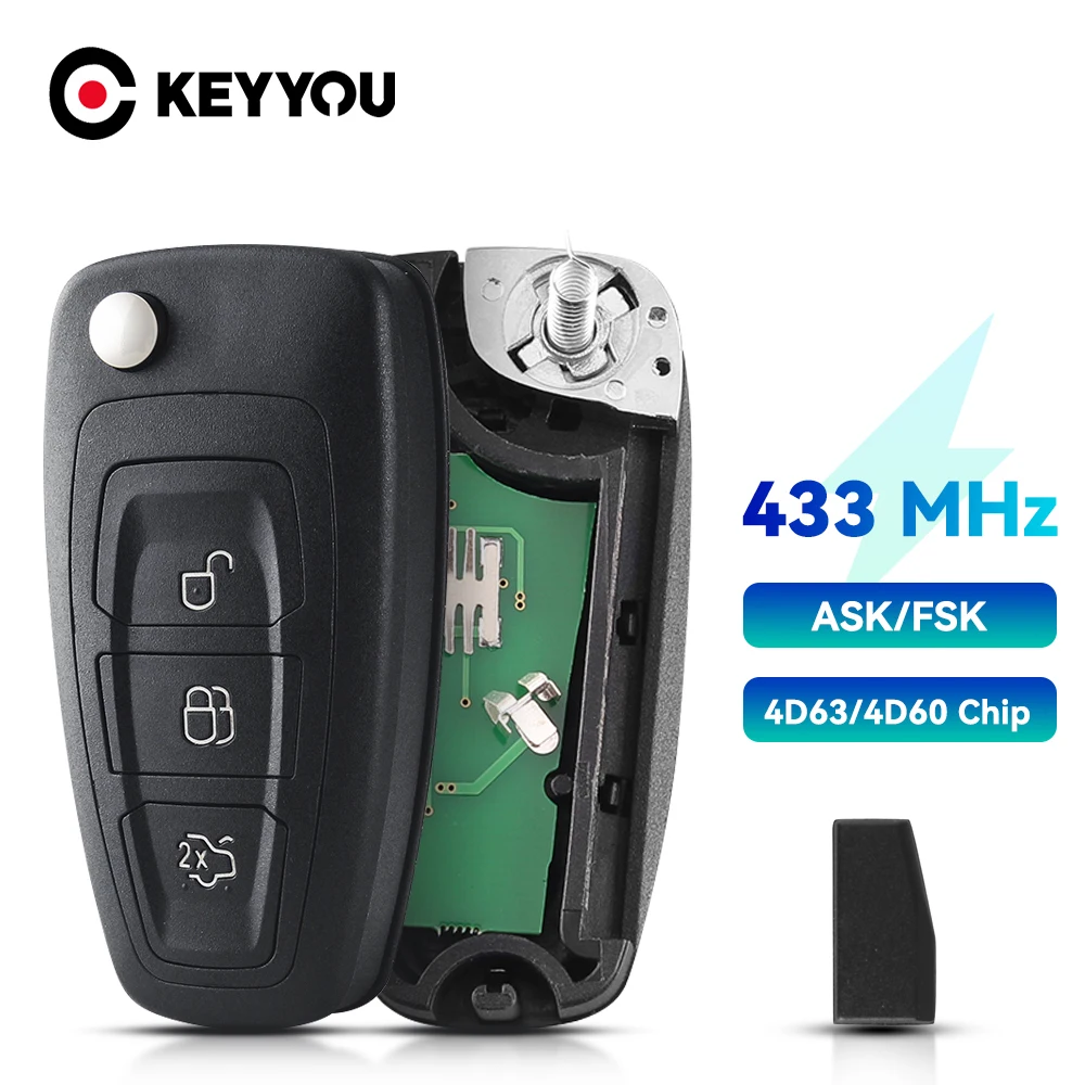 KEYYOU 3 пуговицы 4D63 4D60 чип 433 МГц спросить FSK флип ключ брелок для Ford C-Max Focus Fiesta Mondeo