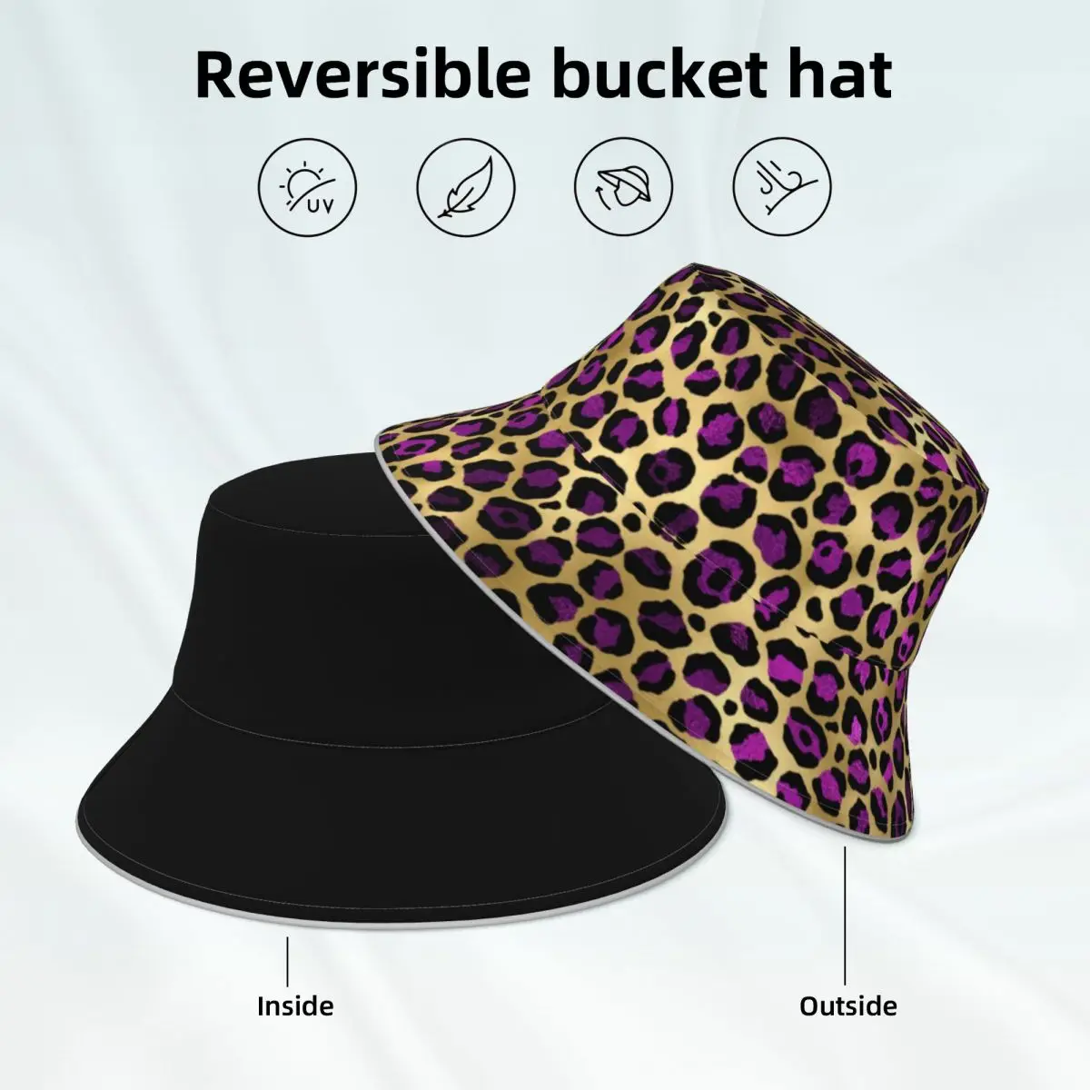 Leopard Print Bucket Hat Purple and Gold Hawaii Classic Reflective Fisherman Hats Printed Double-sided Wear Sun Hat
Leopard Print Bucket Hat Purple and Gold Hawaii Classic Reflective Fisherman Hats Printed Double-sided Wear Sun Hat