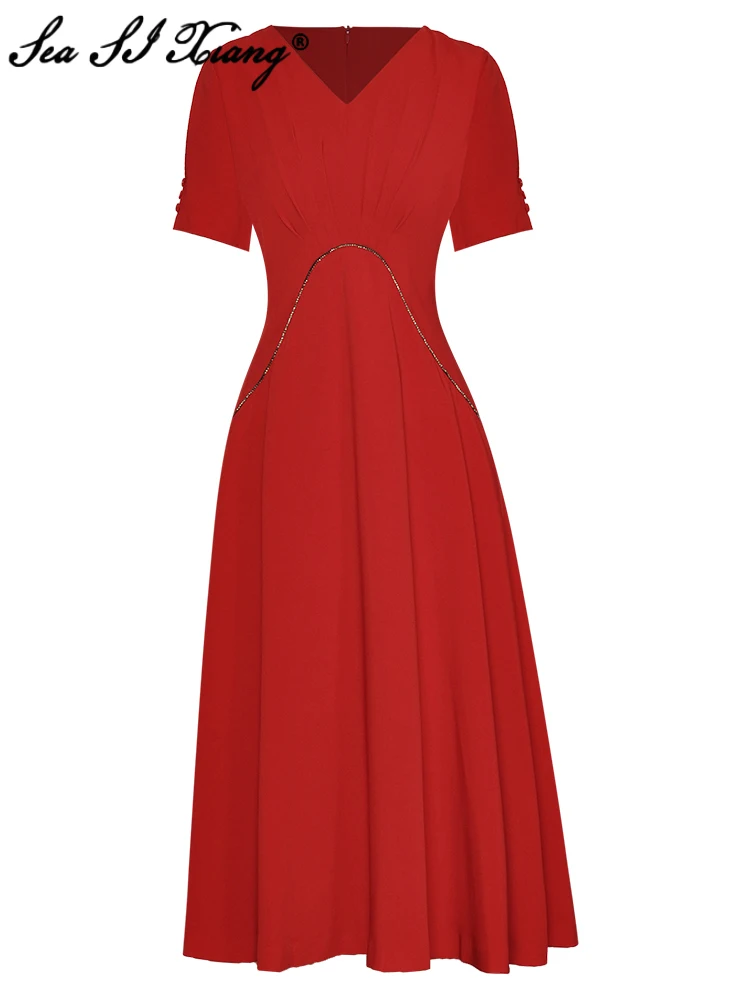 Seasixiang Fashion Designer Summer Dress Women V-Neck Short Sleeve Crystal Folds Office Lady Midi Solid Dresses
Seasixiang Fashion Designer Summer Dress Women V-Neck Short Sleeve Crystal Folds Office Lady Midi Solid Dresses