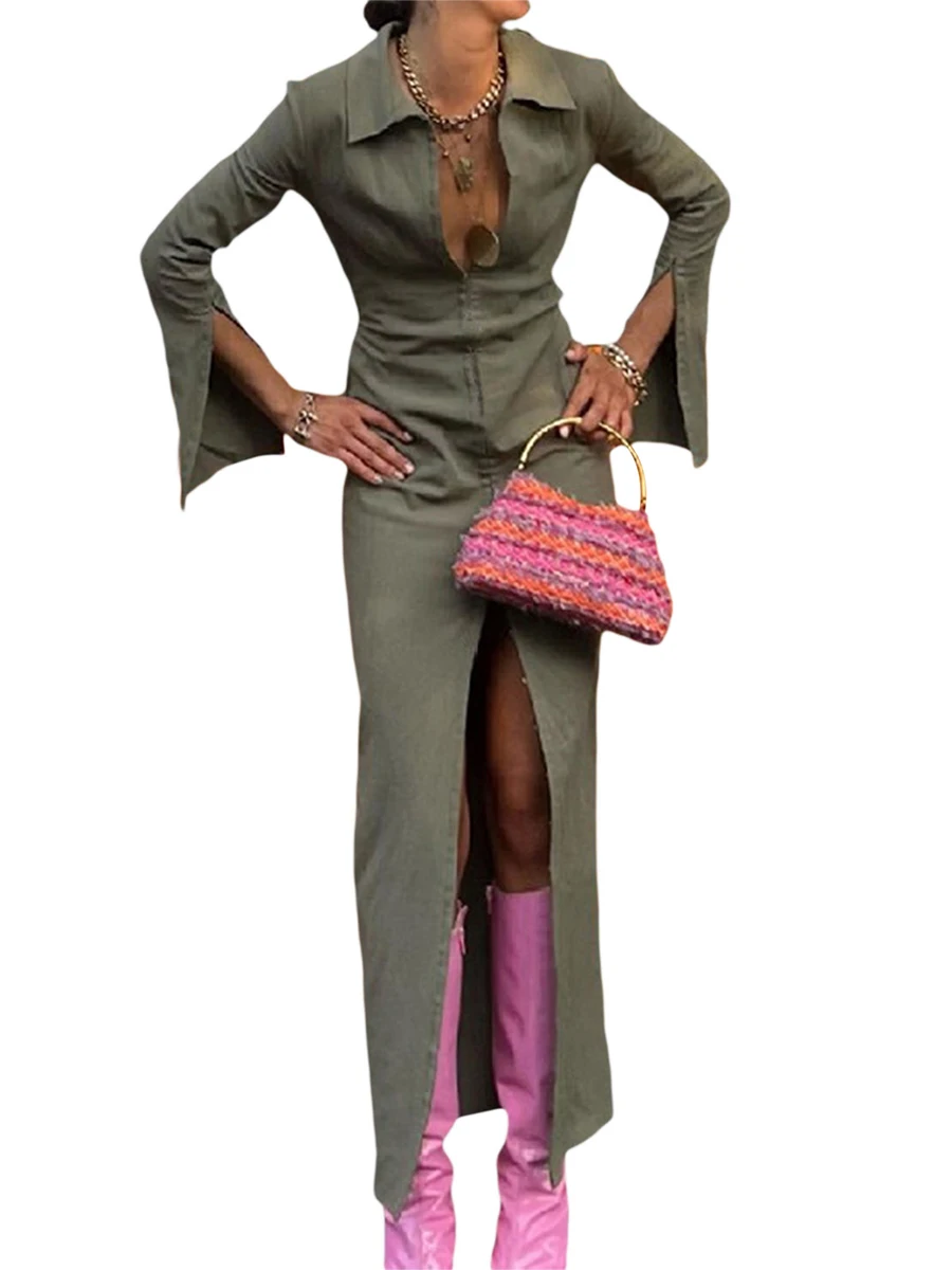 Women French Slim Dress Solid Color Long Sleeve Deep V-Neck Back Hollow Out Slit Hem Ankle Length Dress
Women French Slim Dress Solid Color Long Sleeve Deep V-Neck Back Hollow Out Slit Hem Ankle Length Dress