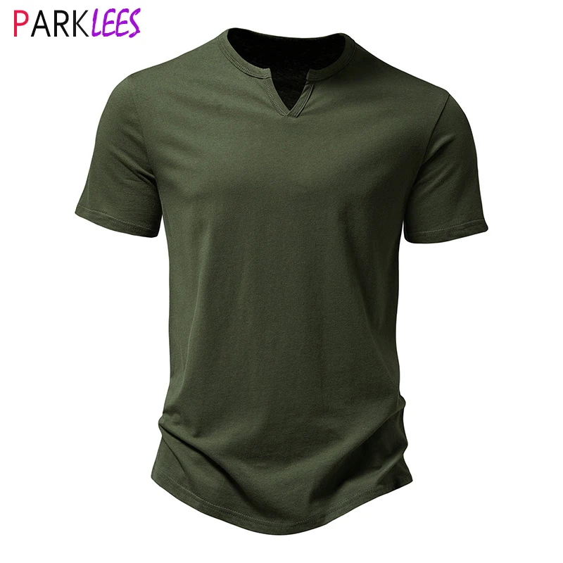 

Army Green Notched Collar Ultra Light Tshirt Men Short Sleeve Slim Fit Mens Tshirts Cotton Casual High Quality Tee Shirt Homme