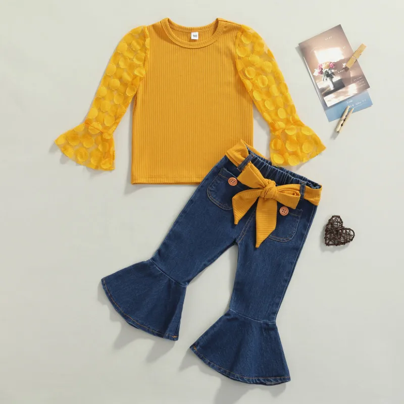 Комплект одежды для девочек, Топ с длинным рукавом и круглым вырезом в горошек + однотонные расклешенные джинсовые брюки, весна-осень
Комплект одежды для девочек, Топ с длинным рукавом и круглым вырезом в горошек + однотонные расклешенные джинсовые брюки, весна-осень