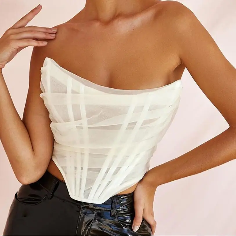 Sleeveless Fashion Strapless Bustier Corset Crop Tops Female Mesh Backless White Women Tops Zipper Summer 2022 dropshipping
Sleeveless Fashion Strapless Bustier Corset Crop Tops Female Mesh Backless White Women Tops Zipper Summer 2022 dropshipping