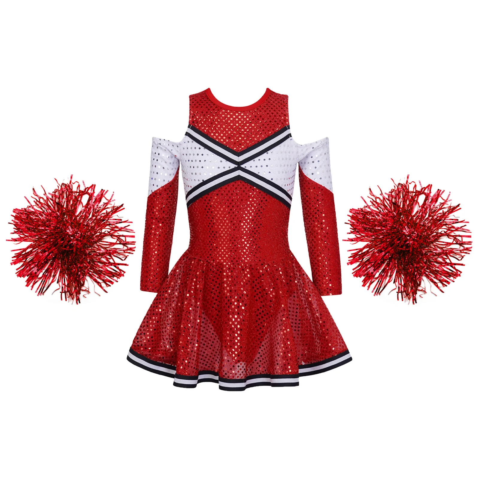 Kids Girls Cheerleading Set Long Sleeve Off-shoulder Round Neck Leotard Dress with 2Pcs Flower Balls Dance Performance Costumes
Kids Girls Cheerleading Set Long Sleeve Off-shoulder Round Neck Leotard Dress with 2Pcs Flower Balls Dance Performance Costumes