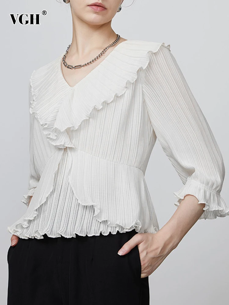 VGH Solid Minimalist Chiffon Shirts For Women V Neck Short Sleeve Spliced Ruffles Temperament Pullover Blouses Female Fashion
VGH Solid Minimalist Chiffon Shirts For Women V Neck Short Sleeve Spliced Ruffles Temperament Pullover Blouses Female Fashion