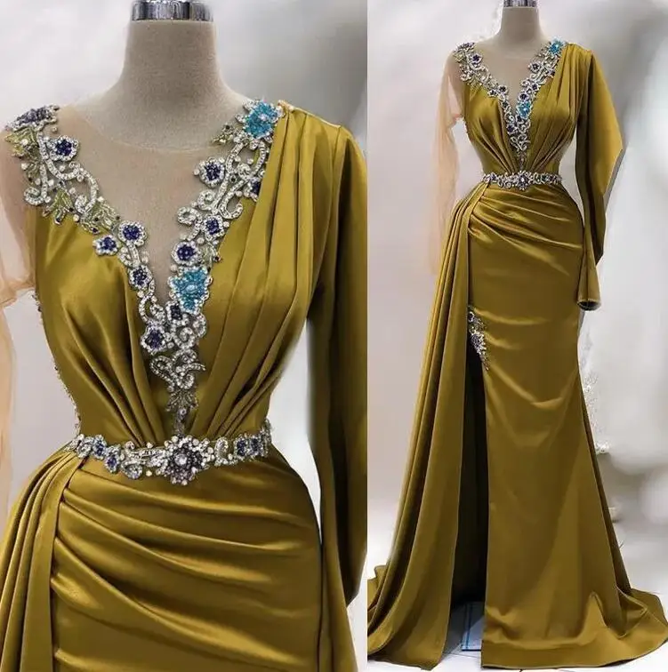 Lime Green Stain Mermaid Prom Occasion Dresses with Long Sleeve Crystal Beaded High Slit Arabic Aso Ebi Evening Gowns
Lime Green Stain Mermaid Prom Occasion Dresses with Long Sleeve Crystal Beaded High Slit Arabic Aso Ebi Evening Gowns