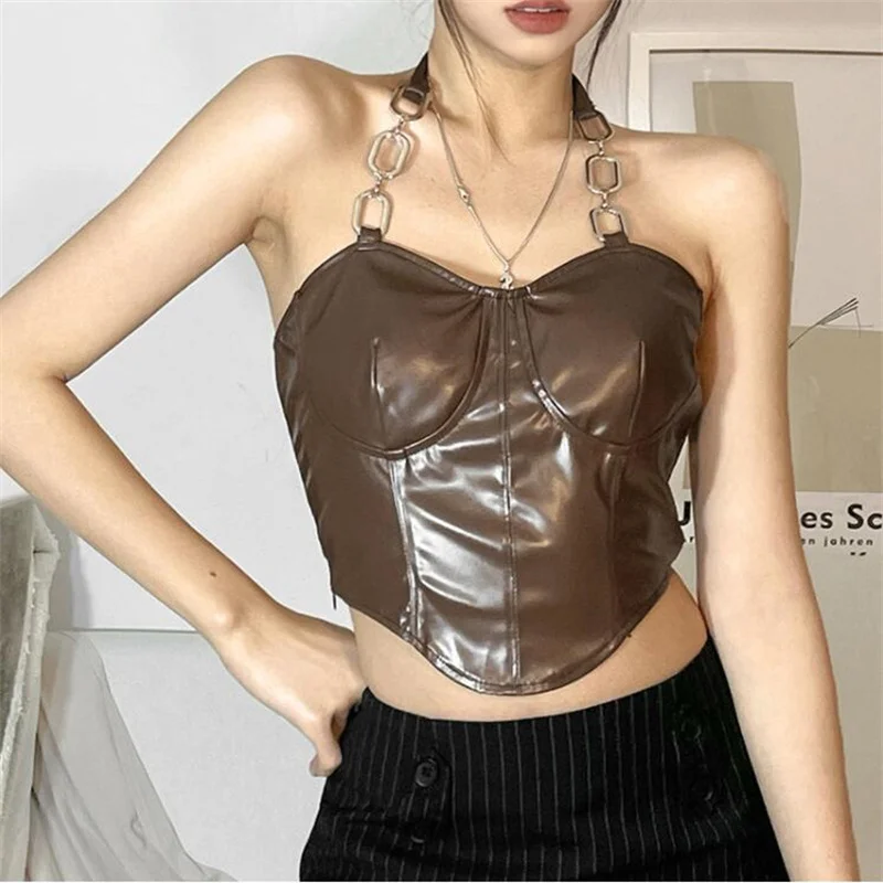 Pu Leather Vest Womens Crop Corsets Tops Coquette Vetement Fall New Style Solid Color Slim Fashion Neck Sexy Backless Bottoming
Pu Leather Vest Womens Crop Corsets Tops Coquette Vetement Fall New Style Solid Color Slim Fashion Neck Sexy Backless Bottoming