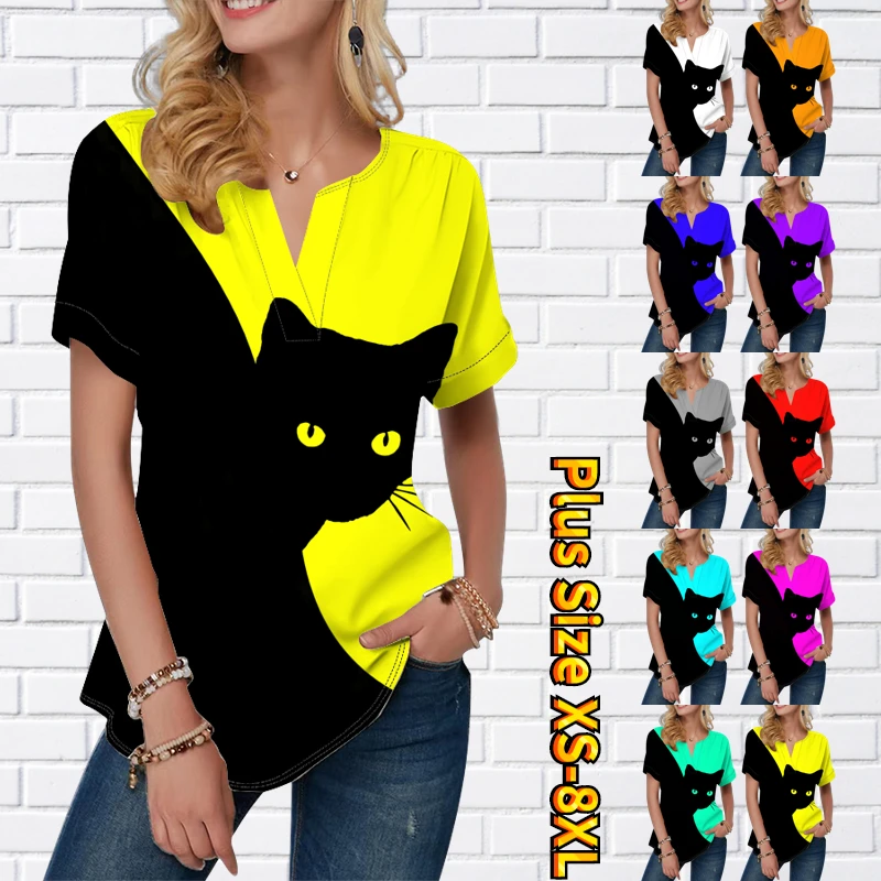 2023 Summer New Women's Black Cat Print Short Sleeve Pattern T-shirt Small V-neck Loose Pullover Top XS-8XL
2023 Summer New Women's Black Cat Print Short Sleeve Pattern T-shirt Small V-neck Loose Pullover Top XS-8XL