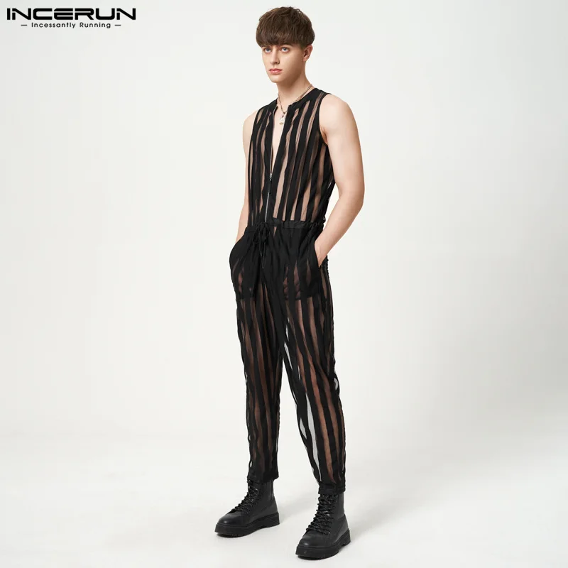 2023 Men Jumpsuits Mesh Transparent Striped Sleeveless Zipper Fashion Rompers Streetwear Drawstring Sexy Male Overalls INCERUN 7
2023 Men Jumpsuits Mesh Transparent Striped Sleeveless Zipper Fashion Rompers Streetwear Drawstring Sexy Male Overalls INCERUN 7