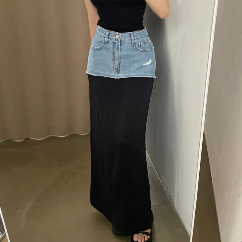 SuperAen Korean Chic Summer Niche Design High Waisted Contrast Color Patchwork Denim Long Skirt for Women
SuperAen Korean Chic Summer Niche Design High Waisted Contrast Color Patchwork Denim Long Skirt for Women