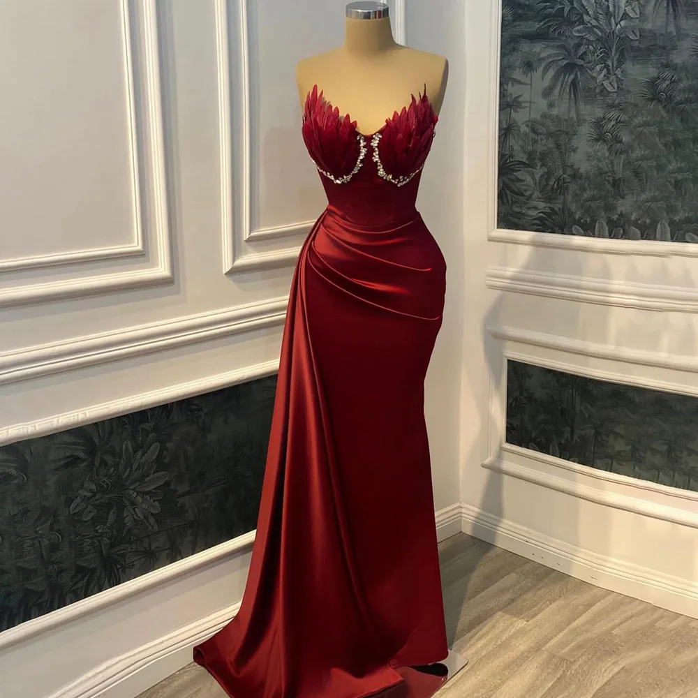 

Burgundy Sexy Satin Mermaid Women Dress for Wedding Party Sexy Deep V Neck Feathers Beading Floor Length Wedding Guest Gowns