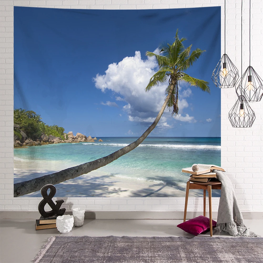 

Nature Beach Palm Tree Tapestry Sunrise Sunset Sky Sea Coastline Landscape Tapestries Bedroom Living Room Dorm Deco Wall Hanging