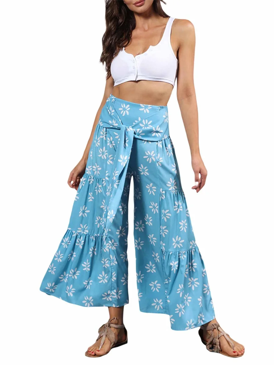 

Women Wide Leg Wrap Pnats Boho Style Print Tie Knot High Waist Ruffle Bohemia Loose Casual Palazzo Beach Pants