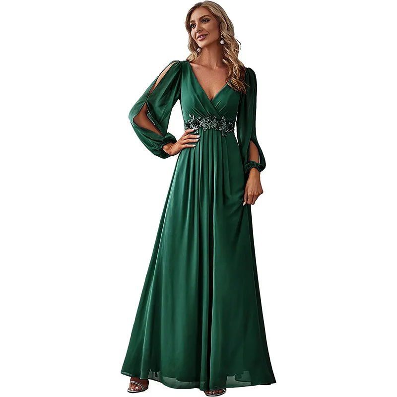 

Женское длинное вечернее платье с V-образным вырезом, шифоновое кружевное синее, серо-зеленое, розовое платье для свадебной вечеринки и выпу...