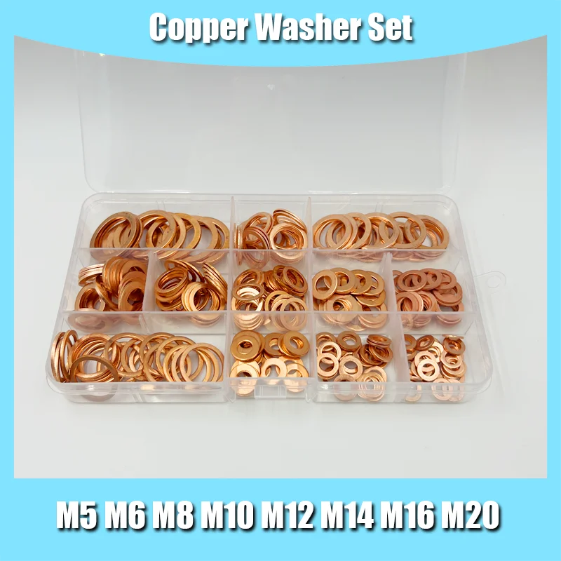 

Washer M5 M6 M8 M10 M12 M14 M16 M20 Copper Washer Gasket Nut and Bolt Set Flat Ring Seal Assortment Kit with Box for Sump Plugs