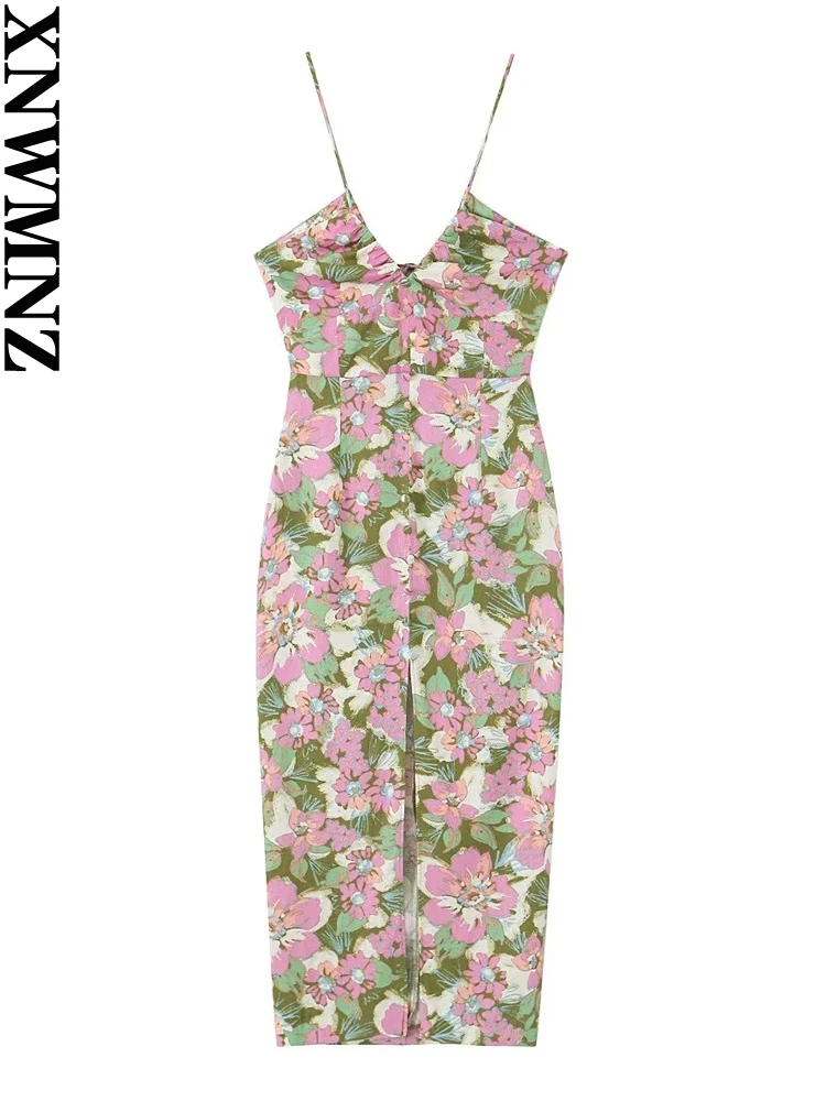 

XNWMNZ Women Fashion Linen Blended Flower Print Dress Vacation V-Neck Adjustable Straps Open Back Tie Front Split Female Dresses