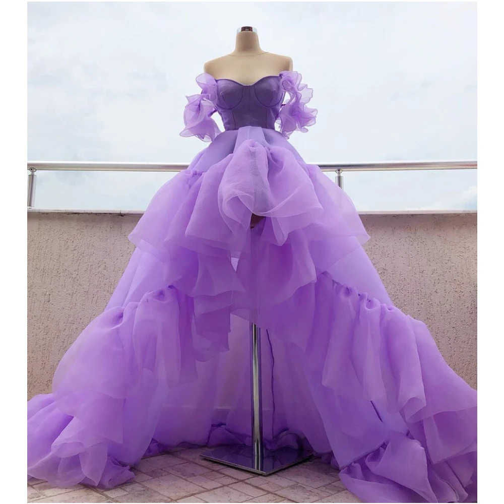 Arabic Lavender High Low Prom Dresses Off The Shoulder Party Formal Tiered Ruffles Evening Gowns Sweetheart Graduation Dress
Arabic Lavender High Low Prom Dresses Off The Shoulder Party Formal Tiered Ruffles Evening Gowns Sweetheart Graduation Dress