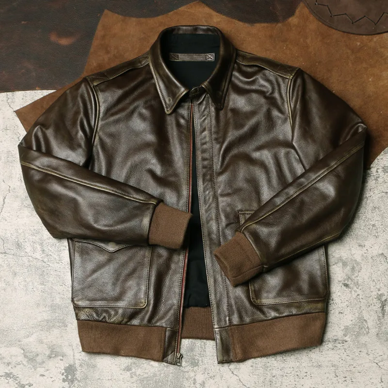 

2023 High-quality Fashion Handsome Trend Boutique A2 Flight Suit Leather Casual Men's Slim Vintage Coat Lapel Oxskin Jacket