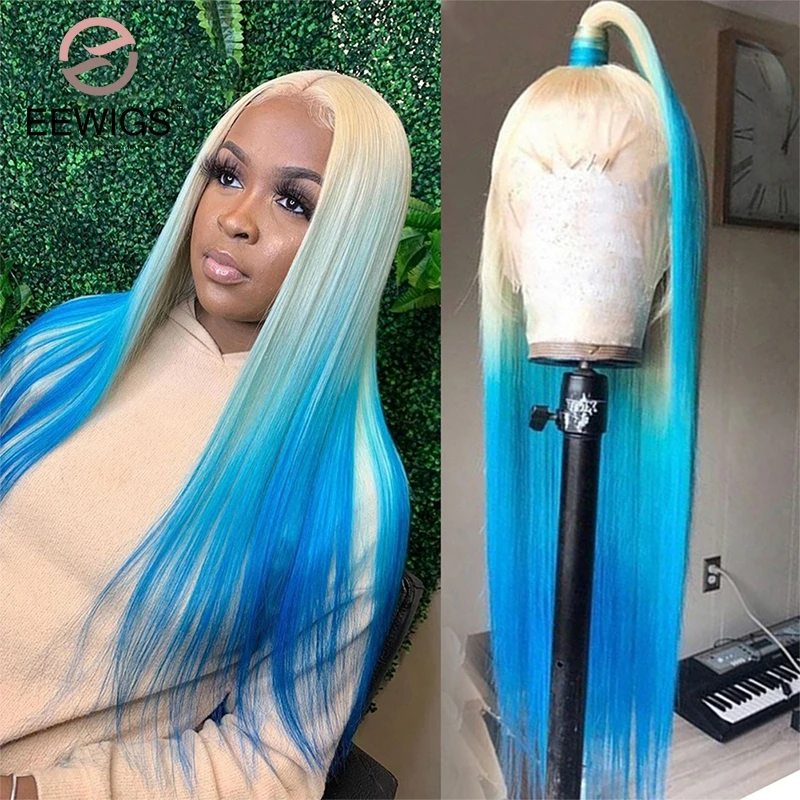 

30 Inch Synthetic Straight Ombre Blue Colored 13x4 Lace Front Purple Drag Queen Glueless Cospaly Wigs For Black Women