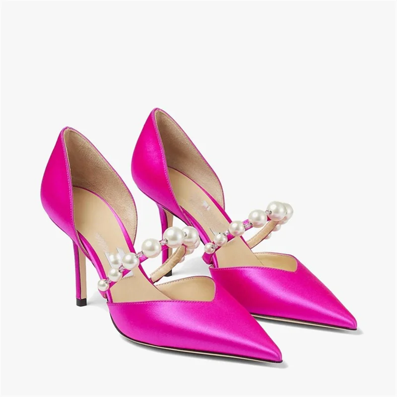 

Женские туфли-лодочки с острым носком, розово-красные туфли из лакированной кожи, с перфорацией, без застежки, на высоком каблуке, обувь для свадьбы, Новинка лета 2023