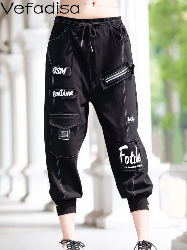 

Vefadisa Cargo Pants Women 2023 Summer New Streetwear Fashion Label Elastic Waist Design Casual Pants Capris ZXF098B