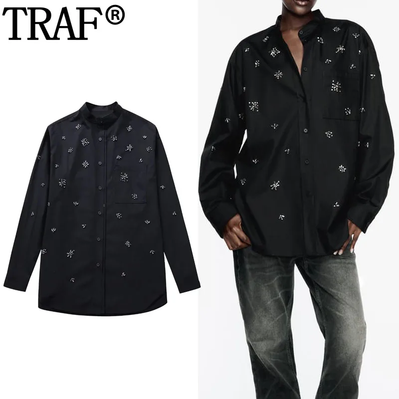 

TRAF Black Long Shirt Woman Rhinstones Long Sleeve Top Female Autumn Collared Button Up Shirts For Women Casual Loose Blouses