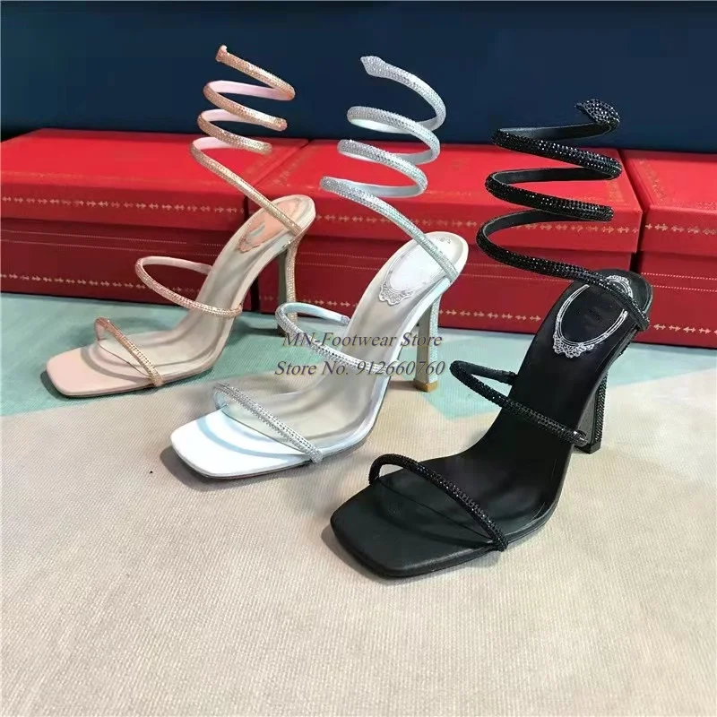 New Women Shoes Square Toe Rhinestones Satin Sandals Snake-like Ankle Straps Shimmering Crystals Sandals High Heels Size 34-43
New Women Shoes Square Toe Rhinestones Satin Sandals Snake-like Ankle Straps Shimmering Crystals Sandals High Heels Size 34-43